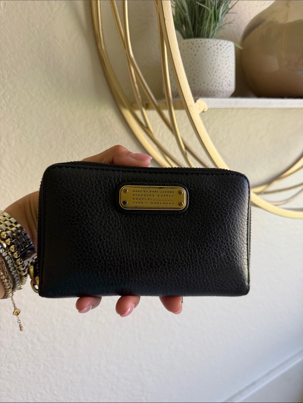 Marc by Marc Jacobs Black Pebbled Leather Zip Wallet with Gold Plaque